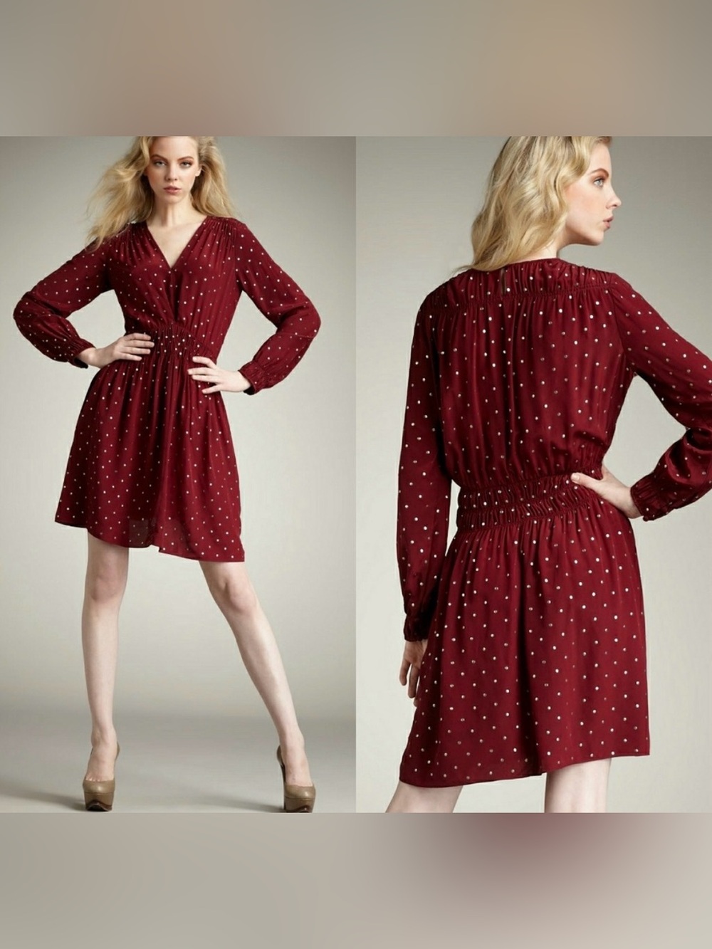 Rebecca Taylor Burgundy Polka Dot Long Sleeve Dress